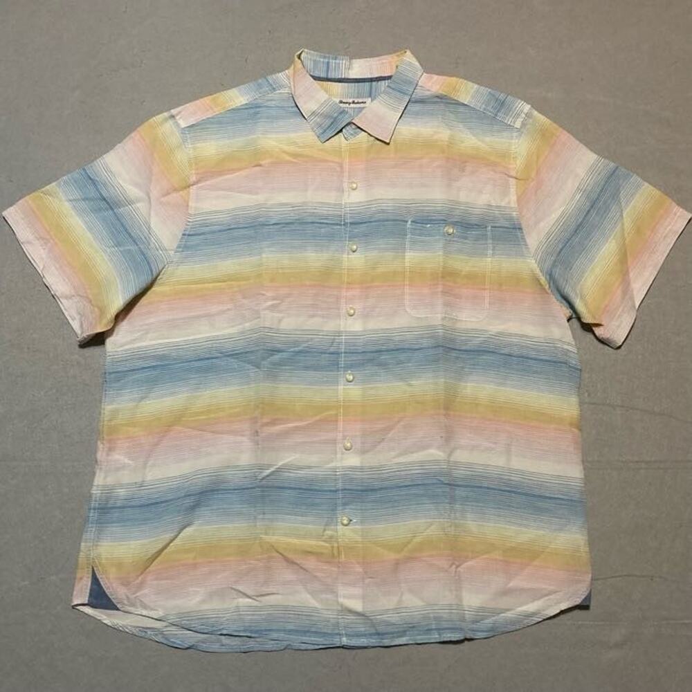 Tommy Bahama Camp Shirt Men's 2XL Serape Stripe Havana Linen Blend Beachwear Fun